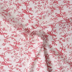 Tissu Coton imprimé aspect toile Mésange Cerise sur fond Blanc