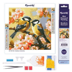 Mini Diamond Painting Broderie Diamant Figured’Art 25x25cm toile entière roulée avec diamants ronds - Couple d'Oiseaux parmi les Fleurs