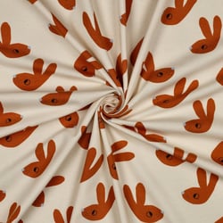Tissu Jersey Coton Bio Jennifer Bouron lapins Terracotta sur fond Ecru