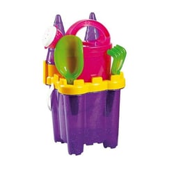 Seau de plage garni château fort 7 pièces violet paillettes - androni - jeux de sable