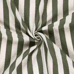 Tissu Double Gaze de Coton Rayé Vert kaki sur fond Blanc