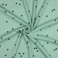 Tissu Jersey Coton côtelé petits coeurs Bleu marine sur fond Vert menthe