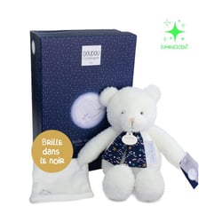 Peluche ours luminescent avec mouchoir 28 cm - Clair de Lune - Doudou et Compagnie