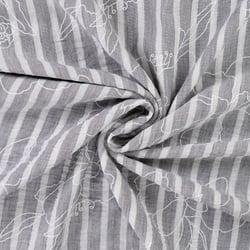 Tissu Aspect Lin rayures et fleurs sur fond Gris