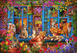 Puzzle 1000 pièces - Chats sur le Rebord de la Fenêtre - Bluebird Puzzle