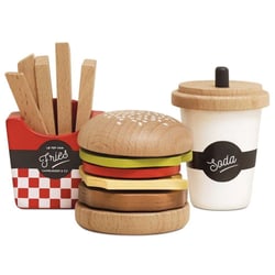 Hamburger frites et soda en bois
