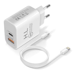 Avizar Chargeur Secteur USB / USB-C 18W Power Delivery Q.C 3.0 Câble Lightning Blanc