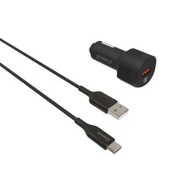 Greene Chargeur Voiture Allume cigare QC 3.0 USB 3A avec Câble USB-A vers USB-C 1,3M Noir