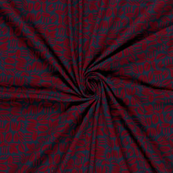 Tissu Sweat léger French Terry Emily feuillages stylisés Bordeaux sur fond Bleu nuit
