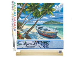 Peinture par Numéro Figured'Art - Barque sous les Cocotiers - Kit de Loisir Créatif DIY Numéro d'Art Complet - 40x50cm toile roulée + châssis en bois à monter