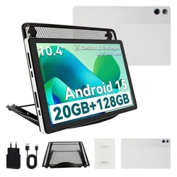 Tablette 10.4'' avec écran HD et faible lumière bleue, Android 15, 203+17Go RAM, 128Go ROM, Google Play Store préinstallé, Argent