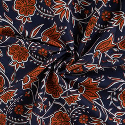 Tissu Voile de Coton Clara Fleurs bohèmes Rouges sur fond Bleu nuit