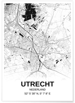 Affiche carte Utrecht - rectangle Noir et Blanc | A3 : 29,7x42cm