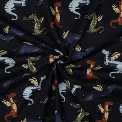 Tissu Popeline de Coton Eliot dragons multicolore sur fond Bleu marine