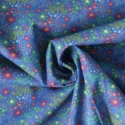 Tissu Coton imprimé  fleuris Florya sur fond Bleu denim - Au mètre