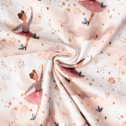 Tissu Double gaze de Coton digital Fées Ludmi sur fond Rose pâle