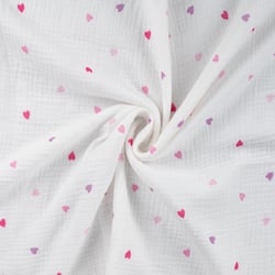 Tissu Double gaze de Coton Petites coeurs roses et parmes sur fond Blanc