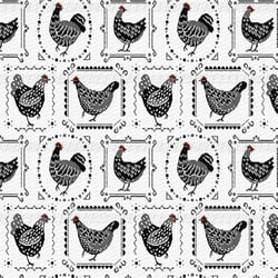 Tissu Jacquard Poules Noir sur fond Blanc