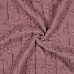 Tissu Double gaze de Coton Matelassé Cerises brodées sur fond Vieux rose
