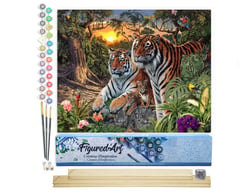 Peinture par Numéro Figured'Art - Famille de Tigre - Kit de Loisir Créatif DIY Numéro d'Art Complet - 40x50cm toile roulée + châssis en bois à monter