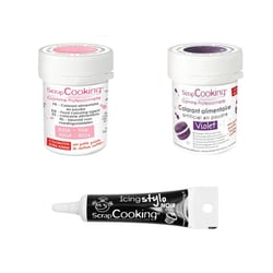 2 colorants alimentaires violet-rose poudré + Stylo glaçage noir