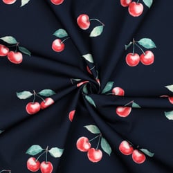 Tissu Nappe imperméable digital Cerises sur fond Bleu marine