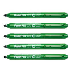 Lot de 5 marqueurs permanents rétractables - PENTEL - Pointe conique fine - Vert