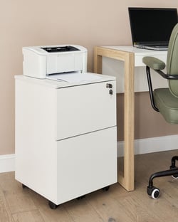 Armoire de Rangement Blanche à 2 Tiroirs Caisson de Bureau Bois d'Ingénierie Panneaux de Particules de Bois et Métal Finition Mélaminée