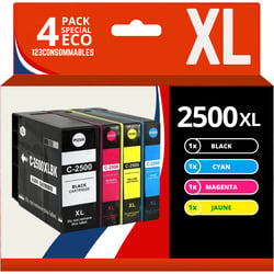 123CONSOMMABLES - PGI-2500XL - Pack 4 Cartouche encre Compatible pour Canon PGL-2500 PGI 2500XL PGL2500XL pour Canon Maxify MB5150 MB5450 MB5050 MB5350 MB5050 MB5155 (1 Noir / 1 Cyan / 1 Magenta / 1 Jaune) - 123CONSOMMABLES