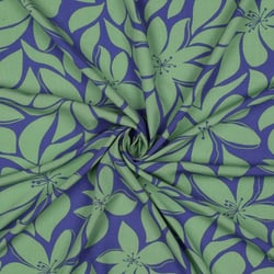 Tissu Viscose imprimé Grandes fleurs Verte sur fond Bleu indigo