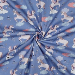Tissu Popeline de Coton Zelhia licornes magiques sur fond Bleu