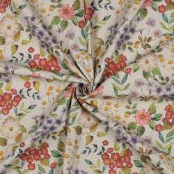 Tissu Toile Coton Canvas aspect Lin Jardin Bohème sur fond Naturel