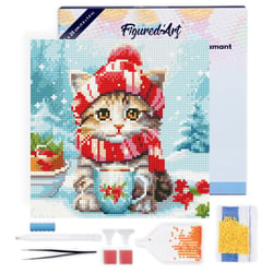 Mini Diamond Painting Broderie Diamant Figured’Art 25x25cm toile tendue sur châssis en bois - diamants ronds - Chat Mignon avec Écharpe Rouge