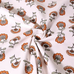 Tissu Toile de Coton Canvas Poppy Fleuris oranges et vertes sur fond Ecru