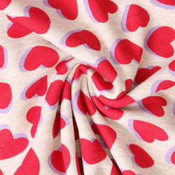 Tissu Sweat  léger envers molletonné Lisa coeurs Rouges sur fond Gris chiné