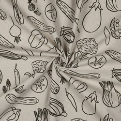 Tissu Toile Coton Canvas aspect Lin Légumes du Jardin sur fond Naturel