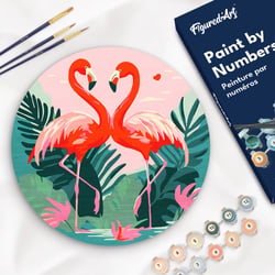 Peinture par Numéro sur disque en bois Figured'Art - Flamants Roses Tropicaux - Kit de Loisir Créatif DIY Numéro d'Art Complet - 30cm de diamètre
