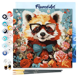 Mini Peinture par Numéros Figured'Art 20x20cm avec cadre Panda roux fantaisie et fleurs - Petit Format