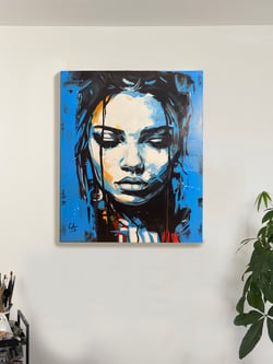 Peinture acrylique originale sur toile — Portrait Bleu — portrait expressionniste — Tableau mural Calbarracin — 100 x 80 cm