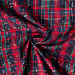Tissu Coton Tartan Ecossais Bleu et vert Lurex sur fond Rouge