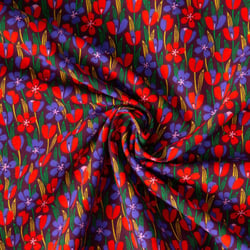 Tissu Coton imprimé Arty Gigi tapis fleuri Rouge et Violet sur fond Bordeaux