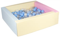Piscine à balles carrée avec 200 balles – bords 3 couleurs /perle, transparent, bleu clair, argent - Velinda