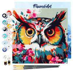 Mini Peinture par Numéro Figured'Art 20x20cm avec cadre Hibou Fantaisie et Fleurs - Petit Format