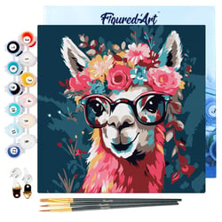 Mini Peinture par Numéro Figured'Art 20x20cm avec cadre Lama Fantaisie et Fleurs - Petit Format
