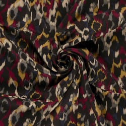 Tissu Viscose Satiné Léopard abstrait Bordeaux et Jaune moutarde sur fond Noir
