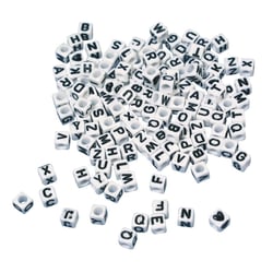 Perles plastiques à  lettres, carrées, 5x5 mm, carte 40g, blanc