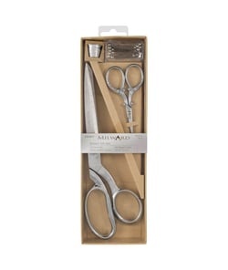 Coffret ciseaux : couture 21.5cm + broderie 9.5cm + dé à coudre + épingles - Milward Argent