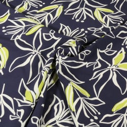 Tissu Stretch imprimé Motifs floraux blanc et vert sur fond Bleu marine