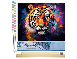 Peinture par Numéro Figured'Art - Tigre Coloré Abstrait - Kit de Loisir Créatif DIY Numéro d'Art Complet - 40x50cm toile roulée + châssis en bois à monter