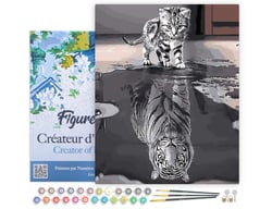 Peinture par Numéro Figured'Art avec Cadre - Chaton Reflet Tigre - Kit de Loisir Créatif DIY Numéro d'Art Complet - 40x50cm toile tendue sur châssis